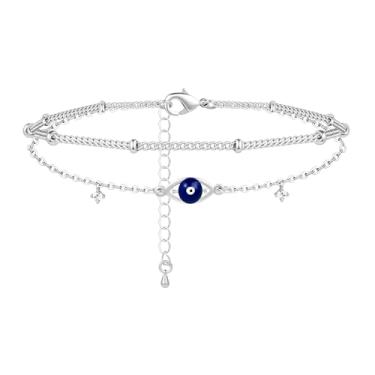 Imagem de Poxtex Tornozeleiras femininas de prata esterlina à prova d'água, zircônia cúbica 925 banhada a prata e pingente de coração delicadas tornozeleiras para mulheres, conjunto de tornozeleiras de corrente