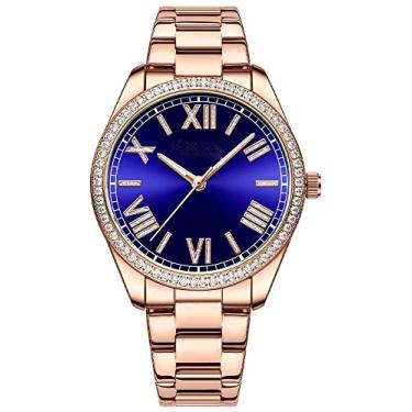 Imagem de Reginald Relógio feminino safira totalmente dourado aço inoxidável à prova d'água quartzo mostrador Roma relógios esportivos, Azul, Tendência