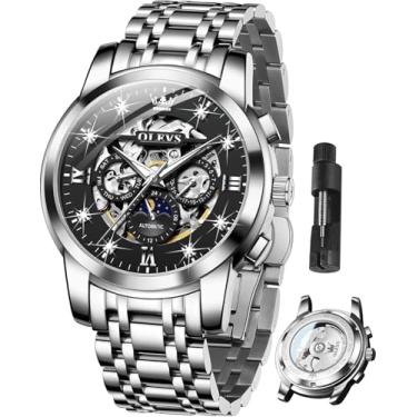 Imagem de OLEVS Relógio masculino luxuoso esqueleto automático diamante corda automática relógio mecânico presentes luminosos à prova d'água, G6721: pulseira prata e mostrador preto