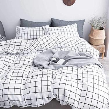Imagem de Faincy Conjunto de edredom solteiro, branco e preto, quadriculado, geométrico, xadrez, estampado, reversível, tamanho GG 168 x 249 cm, 2 peças, 1 fronha, roupa de cama moderna em uma bolsa para