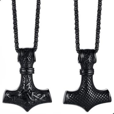 Imagem de Colar Viking Martelo de Thor Preto - Corrente Masculina em Aço Inox com Pingente Nórdico - Cordão Masculino Amuleto Mjolnir de Proteção, Estilo Tribal Escandinavo - Presente Simbólico de Guerreiro