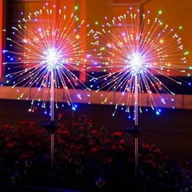 Imagem de Pacote com 2 luzes solares de fogos de artifício, 150 luzes de LED de 8 modos solares de jardim para uso externo, luzes brilhantes à prova d'água, estaca decorativa solar ao ar livre para paisagem,
