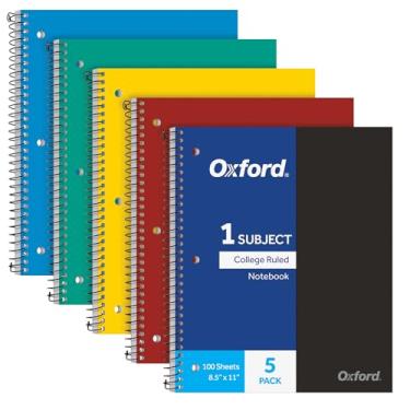 Imagem de Oxford Caderno espiral para 1 matéria, caderno para escola, capas de plástico, material de volta às aulas, pautado na faculdade, 100 folhas, pacote com 5, cores primárias sortidas: preto, azul,
