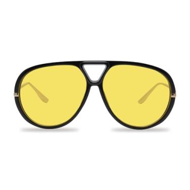 Imagem de GIGIMOTTE Óculos de sol aviador para mulheres, retrô, grande, redondo, óculos de sol com proteção UV400 GM9609, Armação preta/lente amarela, P