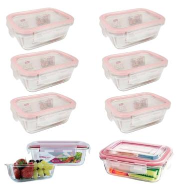 Imagem de Kit 6 Pote Vidro Mantimentos Hermética Tampa Com Trava Silicone Rosa Marmita 370ml