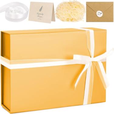 Imagem de Caixa de presente, caixa de presente grande dourada de 33 x 25 x 10 cm com tampas magnéticas para , contém cartão, fita, enchimento de papel desfiado, caixas de presente de