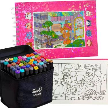 Imagem de Livro Pintar Colorir Canetinha 48 Cores 100 Paginas Capa Dura Estojo Caneta Ponta Dupla Permanente