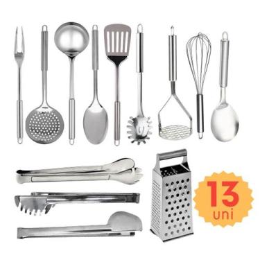 Imagem de Jogo Kit de Utensilios de Cozinha Conjunto de Inox com 13 pçs Pegador 
