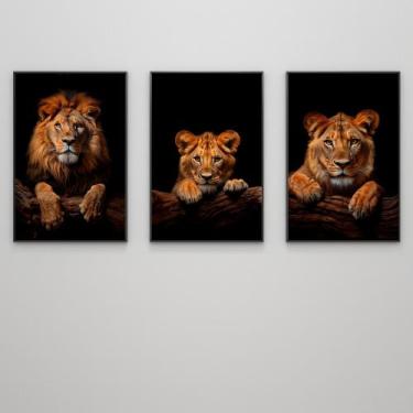 Imagem de Quadro decorativo trio família de leão com 1 filhote - MeMoldura, Mold