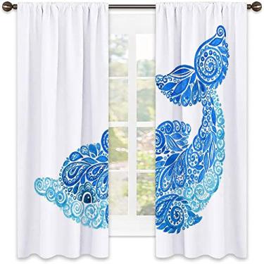 Imagem de Cortina com isolamento térmico golfinho, aquarelas ornamentais de golfinho com flores espirais paisley, cortinas blackout com absorção de som para sala de jantar/decoração de festa, L 130 x C 150 cm