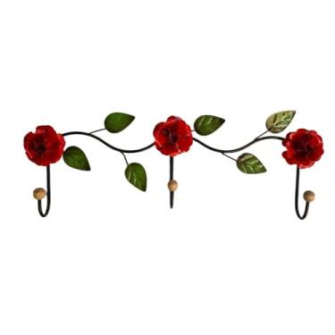 Imagem de Cabideiro Cabide de Parede 3 Ganchos em Ferro Com Flores (Vermelho)