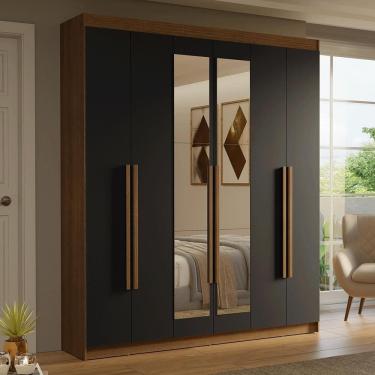 Imagem de Guarda-Roupa Casal 6 Portas Batentes com Espelho Rustic/Preto/Rustic Saturno Madesa