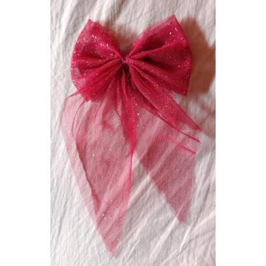 Imagem de Laço de Cabelo em Tule com Brilho, Design Borboleta, Presilha Bico de Pato, para Festas e Eventos (Vermelho)