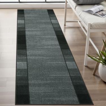Imagem de Uphome Tapete de corredor de cozinha preto moderno, 5 x 15 cm, lavável, antiderrapante, resistente a manchas, ombré, geométrico, corredor, pêlo baixo, tapete macio para corredores, quarto, lavanderia