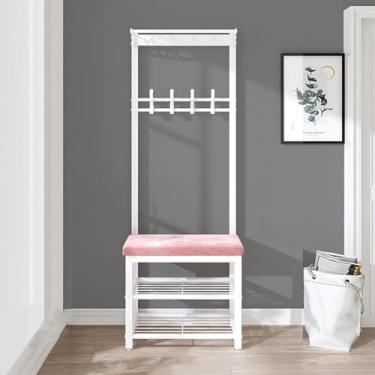Imagem de Cabideiro Com Armazenamento De Sapatos - Hall Tree Entrada Industrial Com Banco, Cabideiro Independente Com Ganchos Para Entrada De Apartamento Pequeno, Purple, 60CM