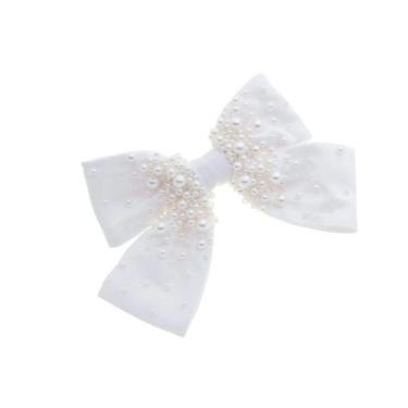 Imagem de Laço de cabelo isadora crepe acetinado branco bordado de pérolas - PIU