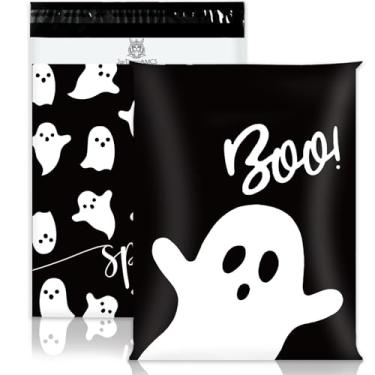 Imagem de JarThenaAMCS 100 peças de envelopes de poliéster fantasma de Halloween 25 x 33 cm preto e branco Ghost Boo Envelope Mailers Dupla Face Embalagem de Plástico Autovedante Sacos de Correio para Roupas de
