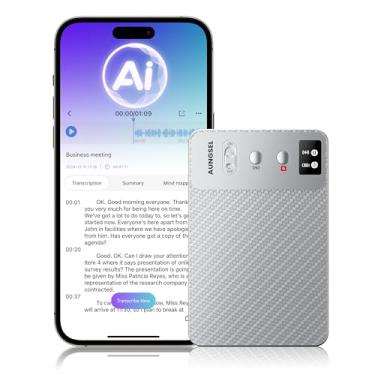 Imagem de Gravador de voz AI, transcrever e resumir gravador de áudio AI, suporta 121 idiomas, memória de 64 GB, carregamento sem fio, controle de aplicativo/web, dispositivo de gravação digital para palestras