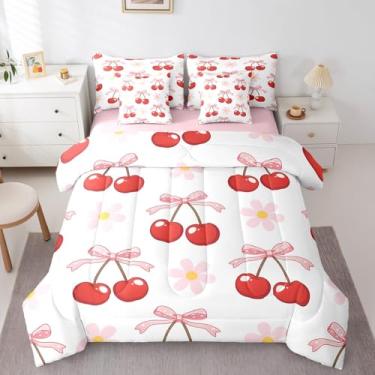 Imagem de Erosebridal Jogo de cama solteiro de cereja vermelha com laço kawaii rosa, 7 peças, desenho fofo de frutas, para decoração de quarto de crianças, bots, meninas, adolescentes, conjunto de cama com