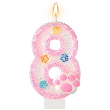 Imagem de AKURIEEY Vela de aniversário de 8 anos para cães e gatos, números rosa, 8 velas, enfeite de bolo de pata, decorações de cupcake para decoração de festa com tema de animais de estimação, artigos de