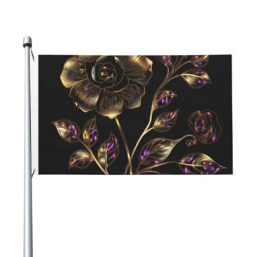 Imagem de Bandeiras engraçadas de 0,8 x 1,5 m para o exterior, flores pretas e douradas, bandeira de jardim, impressão dupla face, bandeiras de jardim de boas-vindas para gramado doméstico, bandeiras de