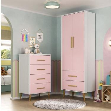Imagem de Quarto Infantil Completo com Guarda-Roupa e Cômoda Magia Espresso Móveis Branco/Rosa