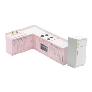 Imagem de simhoa Conjunto de móveis de casa de bonecas de madeira, escala 1/12, acessórios para casa de bonecas em miniatura, conjunto de armário de cozinha e, Rosa