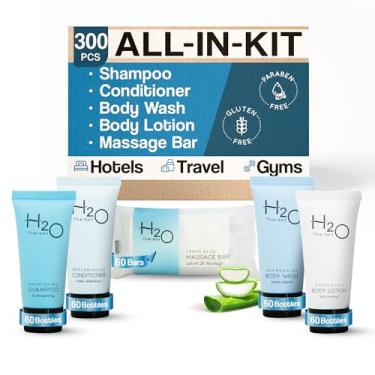 Imagem de H2O Therapy Hotel Soaps and Toiletries Bulk Set | 1-Shoppe All-In-Kit Amenities for Hotels & Airbnb | .85oz Hotel Shampoo & Conditioner, Body Wash, Body Lotion & 1 oz Bar Soap Travel Size | 300 Pieces