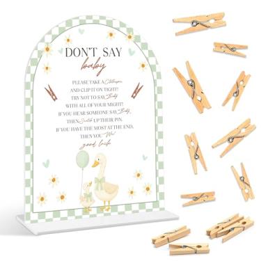 Imagem de Jogos de chá de bebê - Goose Don't Say Baby Clothprin, 1 placa e 50 mini prendedores de roupa, jogo de revelação de gênero, suprimentos de decoração de chá de bebê de ganso verde sálvia (ARI03)