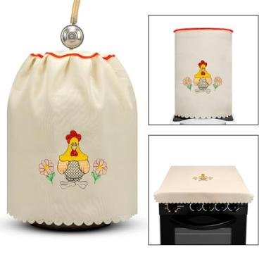 Imagem de Jogo de Cozinha 3 pçs Botijão Galão Fogão Oxford Bordado Estampado Viés Sortido Kit de Capas Decorativo (Galinha Creme)