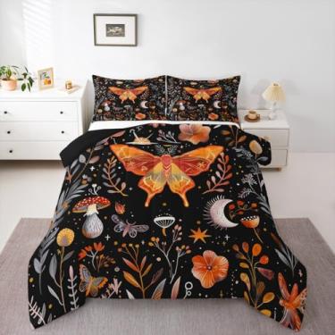 Imagem de meiyoeat Conjunto de edredom boêmio com lua mística, respirável, botânico, para meninos e meninas, adolescentes, 1 edredom com 2 fronhas