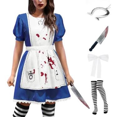 Imagem de For G and PL Avental assustador feminino assustador para cosplay vestido de empregada sangrenta Aliec manga bufante curta fantasia de uma peça azul M