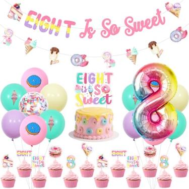 Imagem de Fangleland Dessert Theme 8th Birthday Decorations, Eight Is So Sweet Banner Donut Ice Cream Garland Pastel Cake Cupcake Toppers Balloons Photo Backdrop for 8 Years Old Party Supplies
