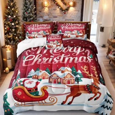 Imagem de Chumerry Conjunto de edredom King com estampa de árvore de Natal com estampa de árvore de Natal para meninos e meninas Merry Christmas