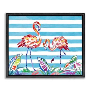 Imagem de Stupell Industries Design de arte de parede em tela flutuante preta com pincelada flamingos em listras por Paul Brent, 25 x 31