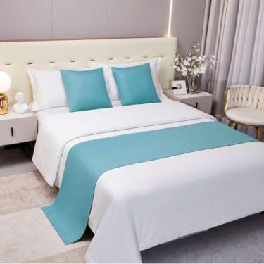 Imagem de Cachecol de cama de hotel luxuoso cor pura decoração de cama de qualidade simples proteção de cama casa de hóspedes toalha de cama macia para cama de solteiro queen king size - azul ||50 x 240 cm para