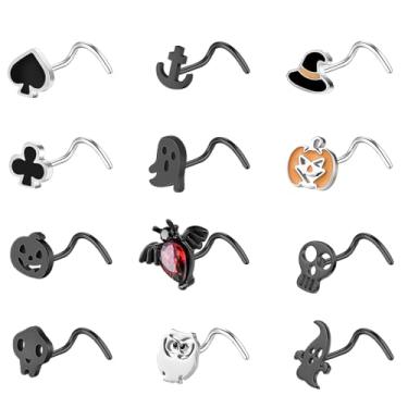 Imagem de ZS 12 peças de aço inoxidável 20 G - piercing de nariz de Halloween de caveira de morcego em forma de L saca-rolhas prata preto hipoalergênico piercing de narina joias para mulheres e homens (A: preto