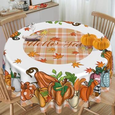 Imagem de Toalha de mesa redonda de outono de 152 cm, toalha de mesa xadrez de búfalo laranja para decoração redonda para casa, toalha de mesa de abóbora para cozinha, jantar, festa, dia de Ação de Graças, casa