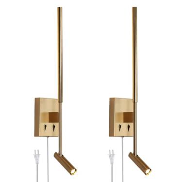 Imagem de ZEROUNO Conjunto de 2 arandelas de parede modernas, lâmpadas de leitura LED douradas montadas na parede com interruptor, luminária de parede linear minimalista com cabo transparente de 17 m para
