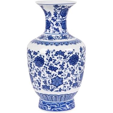 Imagem de SILINE Vaso de porcelana clássico Jingdezhen azul branco de 33 cm, vaso grande de decoração de arte, frasco de flores de cerâmica feito à mão na China - JinzhongPing