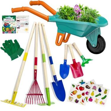 Imagem de Conjunto de ferramentas de jardinagem Qtioucp Kids com carrinho de mão