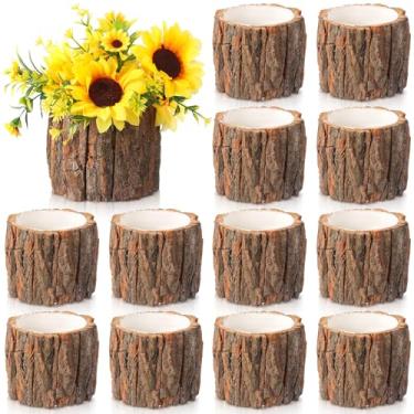 Imagem de RimCereal 12 peças de vaso de madeira para centros de mesa, vaso de flores de madeira, baldes rústicos de toco, vasos de madeira vintage para festa na floresta, janela de casamento, casa, casa de