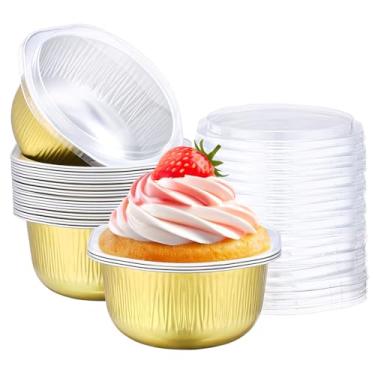 Imagem de Beasea Forma redonda para pão, pacote com 25, mini formas de pão de 10 cm com tampa, formas descartáveis de folha de alumínio, copo descartável, creme brulee, muffin, cupcake, mini copos de pudim para