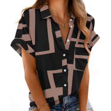 Imagem de Camisa Mintreus com decote em V, manga curta, com botões, solta, branc