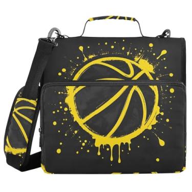 Imagem de Fichário de 3 anéis com zíper com alça de ombro amarelo basquete respingo preto 3,8 cm fichários grande capacidade vários bolsos para escola material de escritório