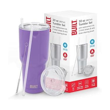 Imagem de Built Conjunto de copos de aço inoxidável de parede dupla com tampa de substituição, 2 escovas de limpeza de palha Tritan reutilizáveis em caixa de presente, 850 g, ametista