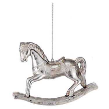 Imagem de The Bridge Collection Ornamento de cavalo de balanço prata - enfeite de Natal de cavalo de brinquedo de plástico estilo antigo de 7,6 cm