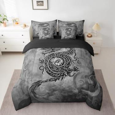 Imagem de Jogo de cama casal, dragão, 7 peças, vintage, preto e cinza, com 1 edredom, 2 fronhas, 2 fronhas, 1 lençol de cima, 1 lençol com elástico, animal selvagem exótico estilo chinês para decoração de