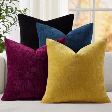 Imagem de decorUhome Conjunto de 4 capas de travesseiro 45,7 x 45,7 cm, capas decorativas de chenille quadradas macias, capas neutras para sofá-cama e sala de estar (azul/amarelo)