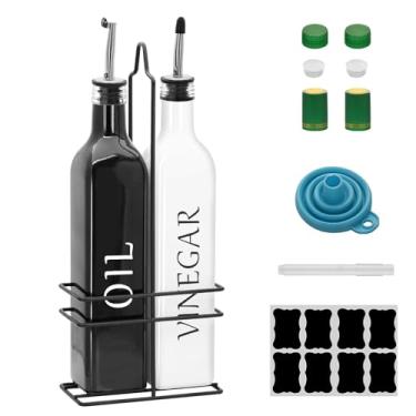 Imagem de Conjunto de dispensador de óleo e vinagre Farmhouse, 500 ml, lindo dispensador de azeite, inclui uma prateleira de aço preto e um funil, galheteiros vintage para vinagre e óleo (óleo preto e vinagre